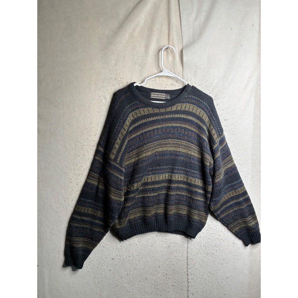 David Taylor Mens Large Striped Crew Neck Sweater Made in USA Vintage Acrylic